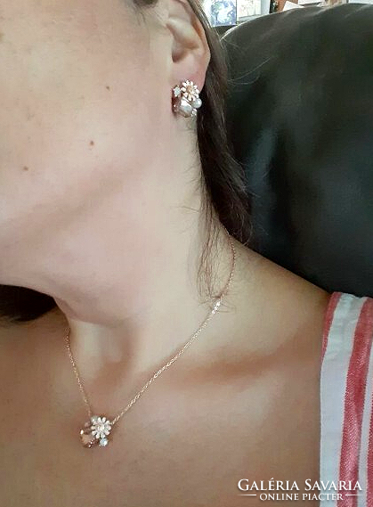 Rózsa arannyal bevont, rózsaszín kristályos Virágos nyaklánc és fülbevaló szett 349