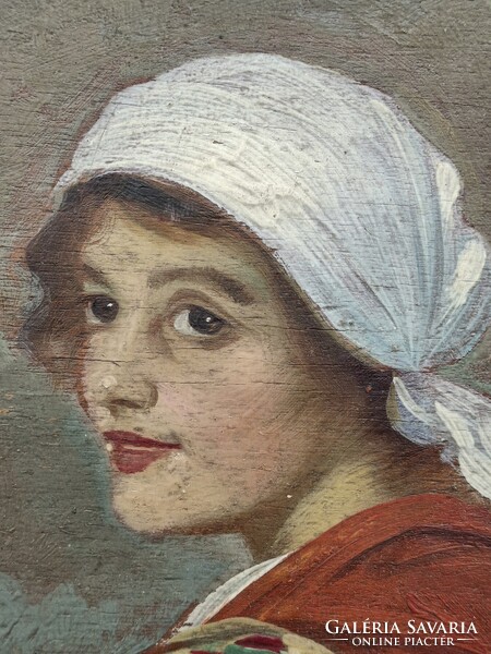 Bieder portré, női arckép, lány fehér fejkendővel