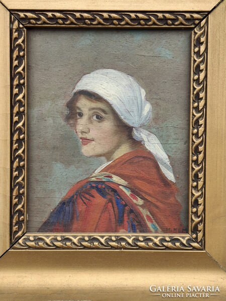 Bieder portré, női arckép, lány fehér fejkendővel