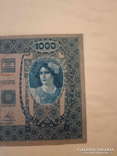 1000 korona 1902-ből, ezer koronás bankjegy, Magyar felülbélyegzéssel