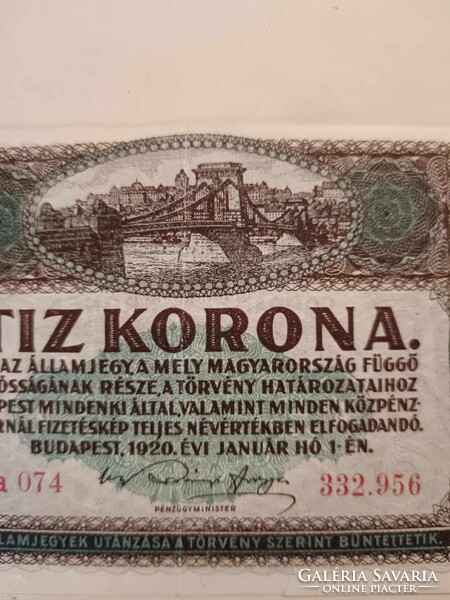 10 korona 1920-ból, szép állapotban, tíz koronás bankjegy