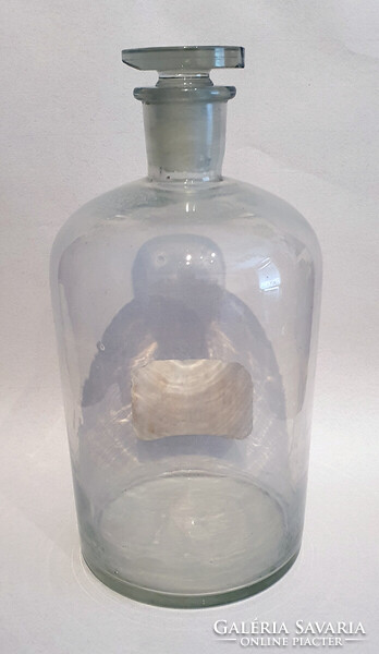 Antik, nagyméretű, vegyszeres laborüveg, patikai üveg, eredeti címkével. 3 literes, 28 cm magas