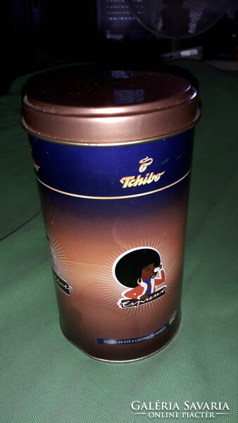 Retro fém lemez TCHIBO kávés színes HIBÁTLAN kör kávé tároló díszudoboz 16 x 8 cm a képek szerint
