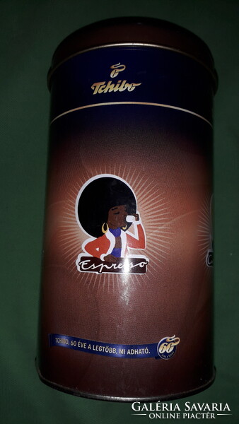 Retro fém lemez TCHIBO kávés színes HIBÁTLAN kör kávé tároló díszudoboz 16 x 8 cm a képek szerint