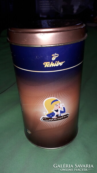 Retro fém lemez TCHIBO kávés színes HIBÁTLAN kör kávé tároló díszudoboz 16 x 8 cm a képek szerint
