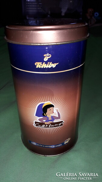 Retro fém lemez TCHIBO kávés színes HIBÁTLAN kör kávé tároló díszudoboz 16 x 8 cm a képek szerint