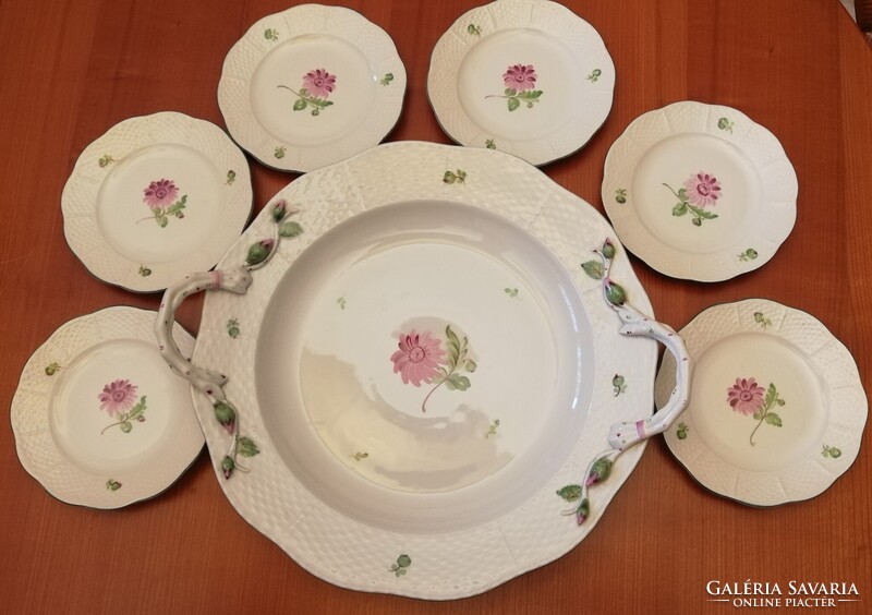 Herendi porcelán növényinda füles kínáló süteményes készlet!