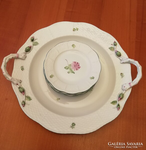Herendi porcelán növényinda füles kínáló süteményes készlet!
