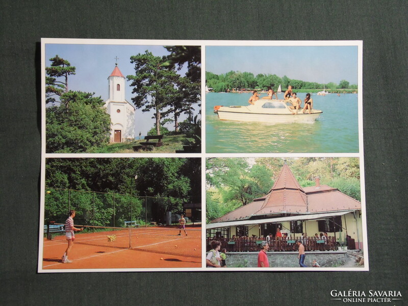 Képeslap,Vonyarcvashegy,Balaton part,kemping,strand,templom,motorcsónak,étterem,részlet, 1990-