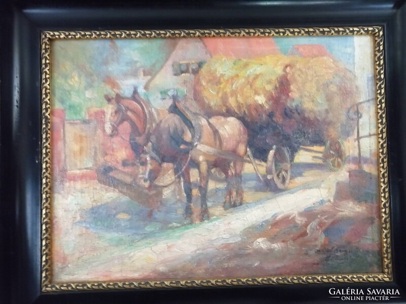 KARL WILHELM BERGMÜLLER /1864-1928/ NÉMET FESTŐMŰVÉSZNEK TULAJDONÍTVA - LOVAS SZEKÉR, SZÉNÁSKOCSI