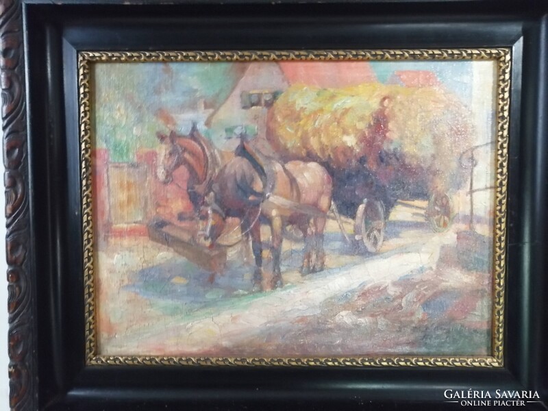 KARL WILHELM BERGMÜLLER /1864-1928/ NÉMET FESTŐMŰVÉSZNEK TULAJDONÍTVA - LOVAS SZEKÉR, SZÉNÁSKOCSI