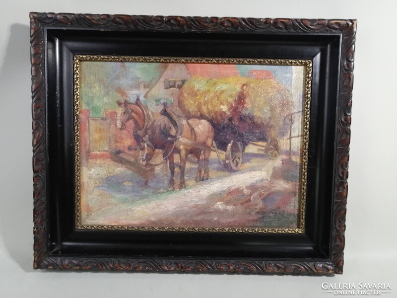 KARL WILHELM BERGMÜLLER /1864-1928/ NÉMET FESTŐMŰVÉSZNEK TULAJDONÍTVA - LOVAS SZEKÉR, SZÉNÁSKOCSI