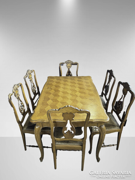 Ebédlőasztal fonott üléses székekkel (6 személyes garnitúra)