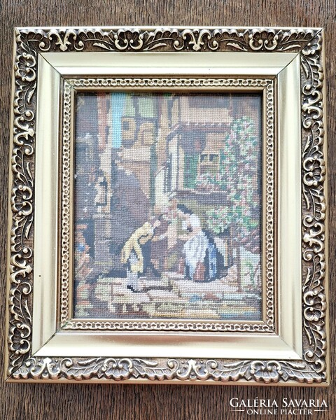Mikro gobelin gyönyörű aranyozott fa keretben  18,5 x 21 cm