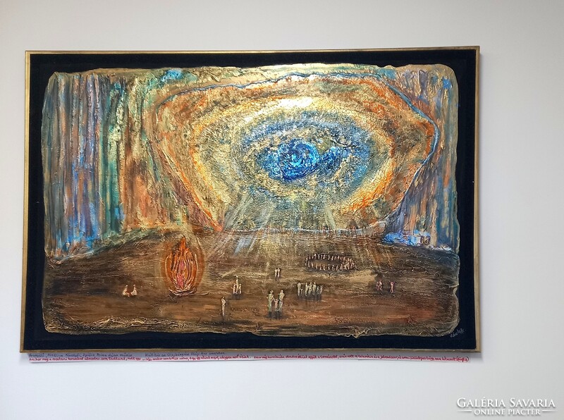 Prima díjas művésztől: Aranyidő 120x80 cm, zománckép arannyal.  Károlyfi Zsófia/1952 Tanúsítvánnyal