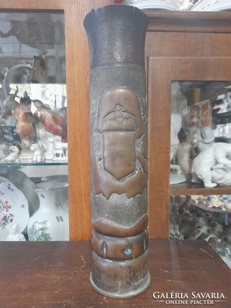 II.VH 1943-as,Bronz,Réz Magyar Címeres,Emlék,Ágyú Hadi Löveg Hüvely Váza.36 cm.