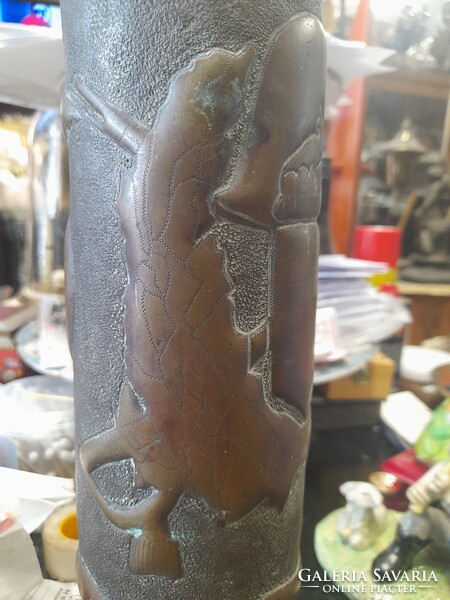II.VH 1943-as,Bronz,Réz Magyar Címeres,Emlék,Ágyú Hadi Löveg Hüvely Váza.36 cm.