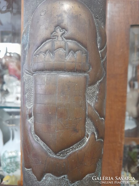 II.VH 1943-as,Bronz,Réz Magyar Címeres,Emlék,Ágyú Hadi Löveg Hüvely Váza.36 cm.