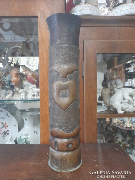II.VH 1943-as,Bronz,Réz Magyar Címeres,Emlék,Ágyú Hadi Löveg Hüvely Váza.36 cm.