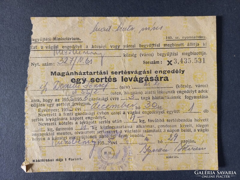 Sertésvágási engedély/Zsírbeadás igazolása Mezőberény 1955