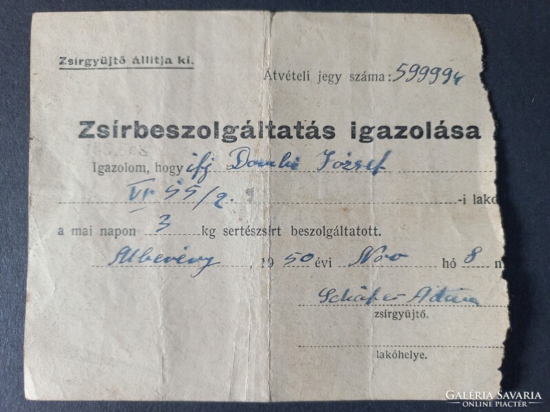 Sertésvágási engedély/Zsírbeadás igazolása Mezőberény 1950