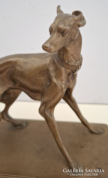 Bronz agár szobor, whippet dísztárgy, Art Deco kisplasztika, gyűjtői darab