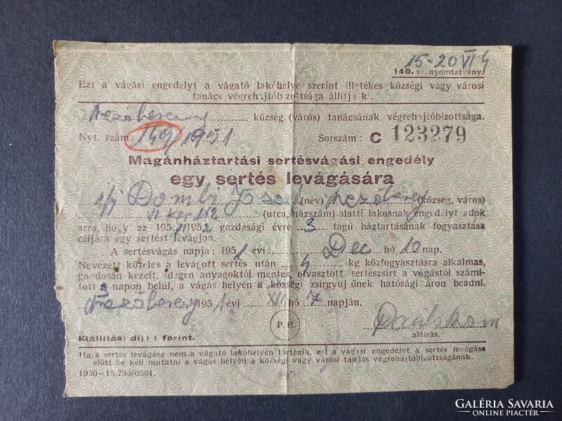 Sertésvágási engedély/Zsírbeadás igazolása Mezőberény 1951