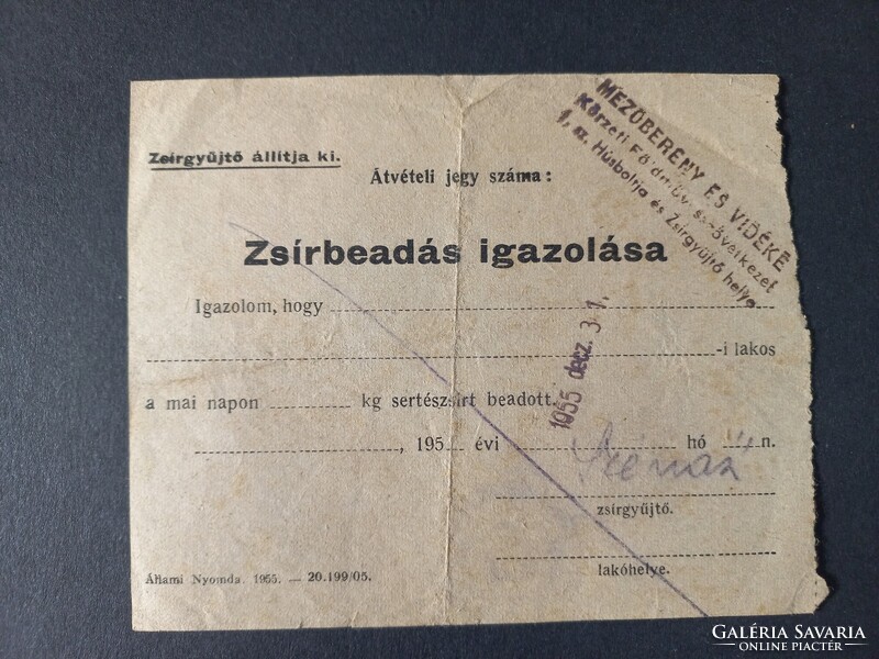 Sertésvágási engedély/Zsírbeadás igazolása Mezőberény 1955