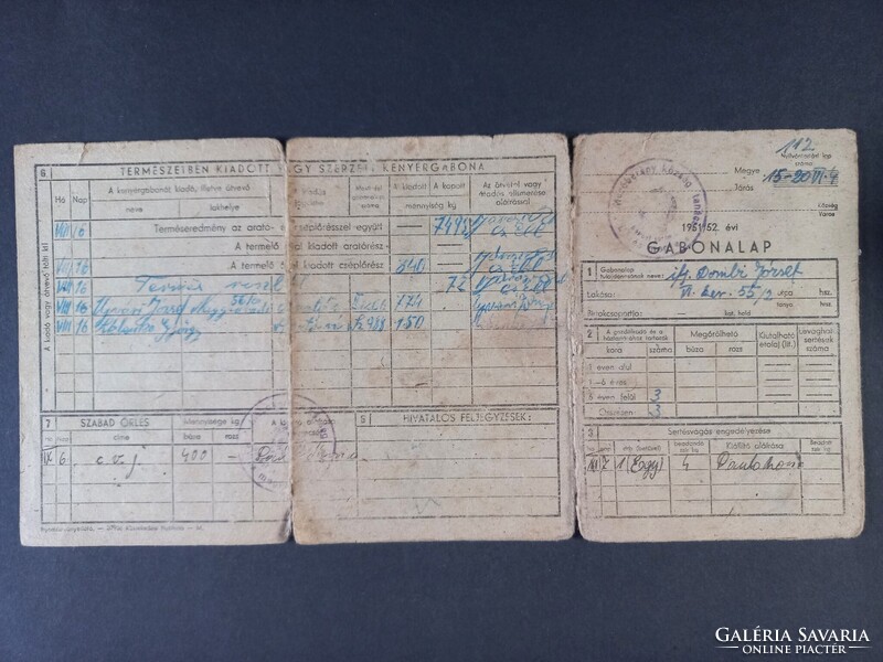 1951/52 évi Gabonalap - ifj. Dombi József  Mezőberény község Tanácsa pecséttel