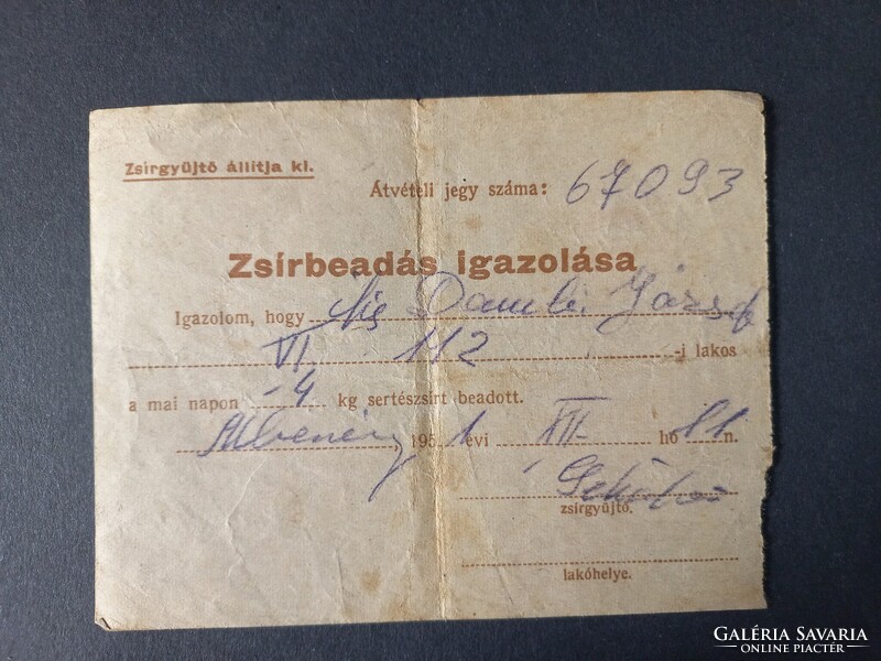 Sertésvágási engedély/Zsírbeadás igazolása Mezőberény 1951