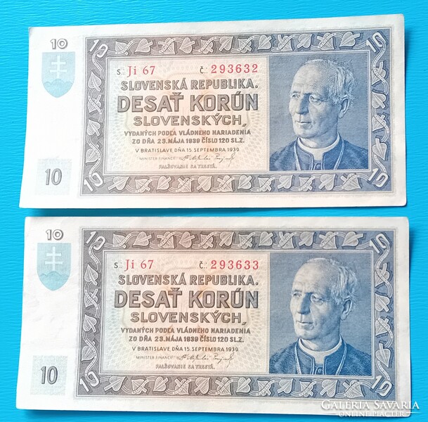 2 szlovák 10 Korona Korun 1939 évi sorszámkövető, aUNC (fotók szerint)