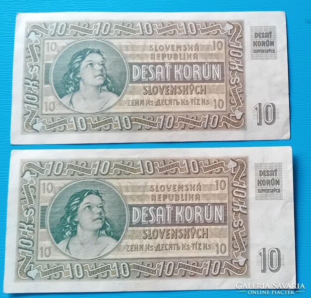 2 szlovák 10 Korona Korun 1939 évi sorszámkövető, aUNC (fotók szerint)