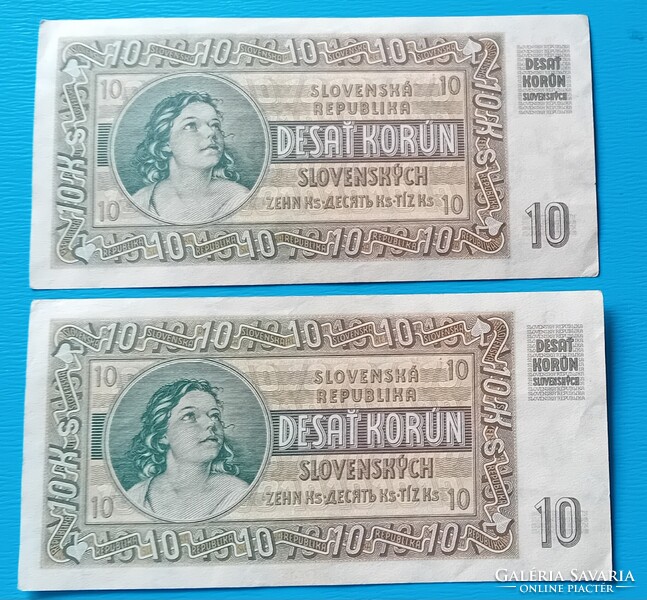 2 szlovák 10 Korona Korun 1939 évi sorszámkövető, aUNC (fotók szerint)