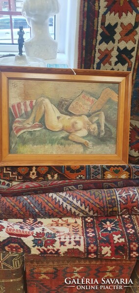 Biai Föglein István (1905-1974) Női akt. Olaj-faros. Nagyon szép színekkel megfestett. 54x39 cm