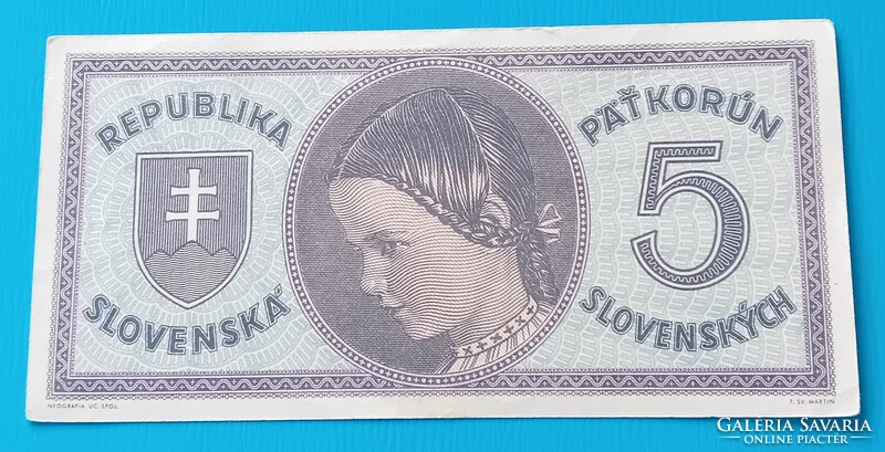 Szlovák 5 Korona Korun 1945 évi , aUNC (fotók szerint)