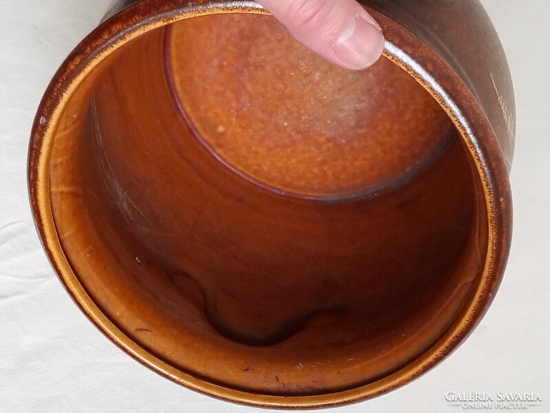 Régi retro nagy német barna mázas kerámia fajansz kőagyag? kaspó füles csupor fazék tároló 23cm