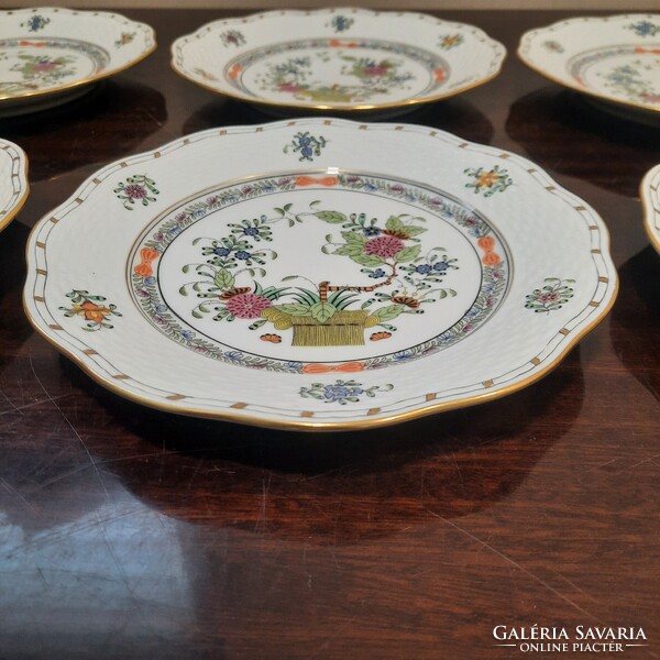 6 db Herendi színes Indiai kosármintás porcelán süteményes tányér készlet