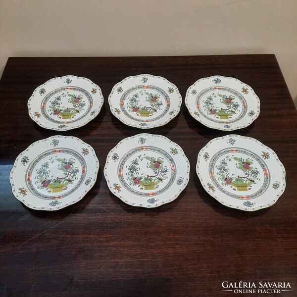 6 db Herendi színes Indiai kosármintás porcelán süteményes tányér készlet