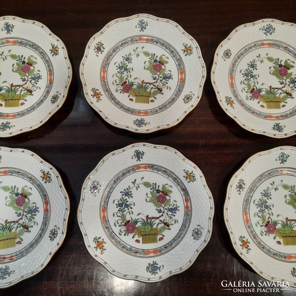 6 db Herendi színes Indiai kosármintás porcelán süteményes tányér készlet