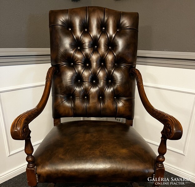 Gyönyörű , antik, neoreneszánsz,  bőr  fotel -karosszék- trónszèk !
