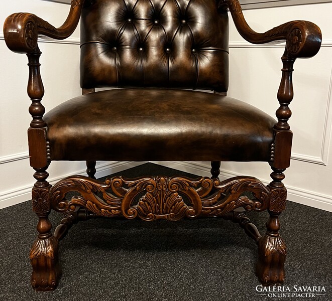 Gyönyörű , antik, neoreneszánsz,  bőr  fotel -karosszék- trónszèk !