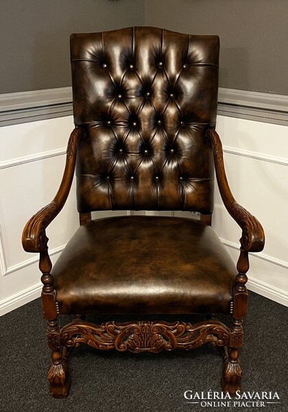 Gyönyörű , antik, neoreneszánsz,  bőr  fotel -karosszék- trónszèk !