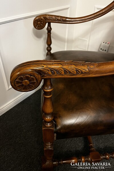 Gyönyörű , antik, neoreneszánsz,  bőr  fotel -karosszék- trónszèk !