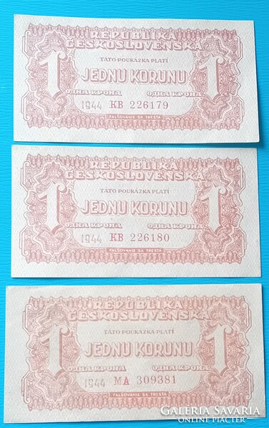 Csehszlovák 3x1 Korona Korun 1944 évi ,  sorszámkövető, UNC