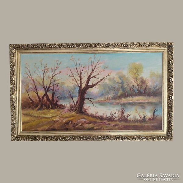 Böröczky Ferenc Folyó című - V94/750 - 50x90cm olajtménye farostra, galériában vásárolt, szignózott.