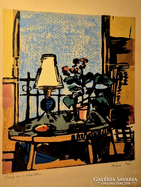 Gera Éva(1923-1996): Virág az ablakban. Színes linó, papír, jelzett, 24×20 cm Üvegezett keretben