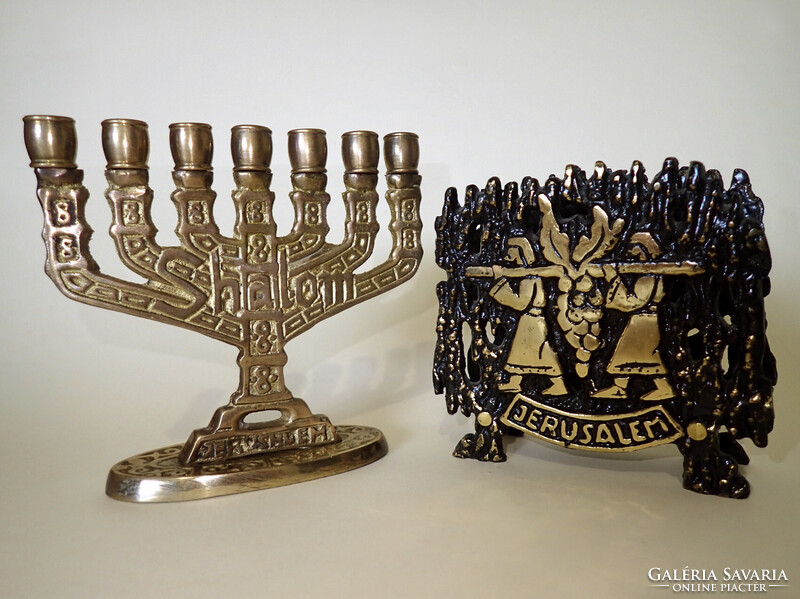 Vintage antik réz menóra hétágú judaika zsidó gyertyatartó + áttört mintás Jerusalem szalvétatartó