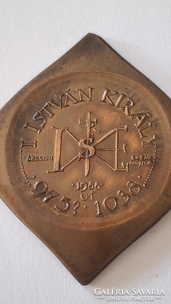 Ritka ! Lapis András (1942-) 1988. "I. István 975?-1038 - Szegedi Éremgyűjtők" bronz csegely érem
