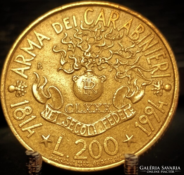 Olaszország 200 Líra, 1994 180 éves a Carabinieri (Karabélyosok hadteste = Csendőrség) 01D3