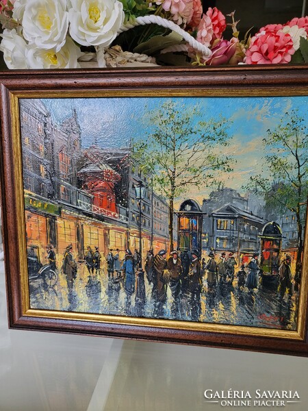 Szert  Károly festmények Szajnapart. 30x24 cm,  Moulin Rouge 30x24 cm, Esős Párizs II 30x20 cm.